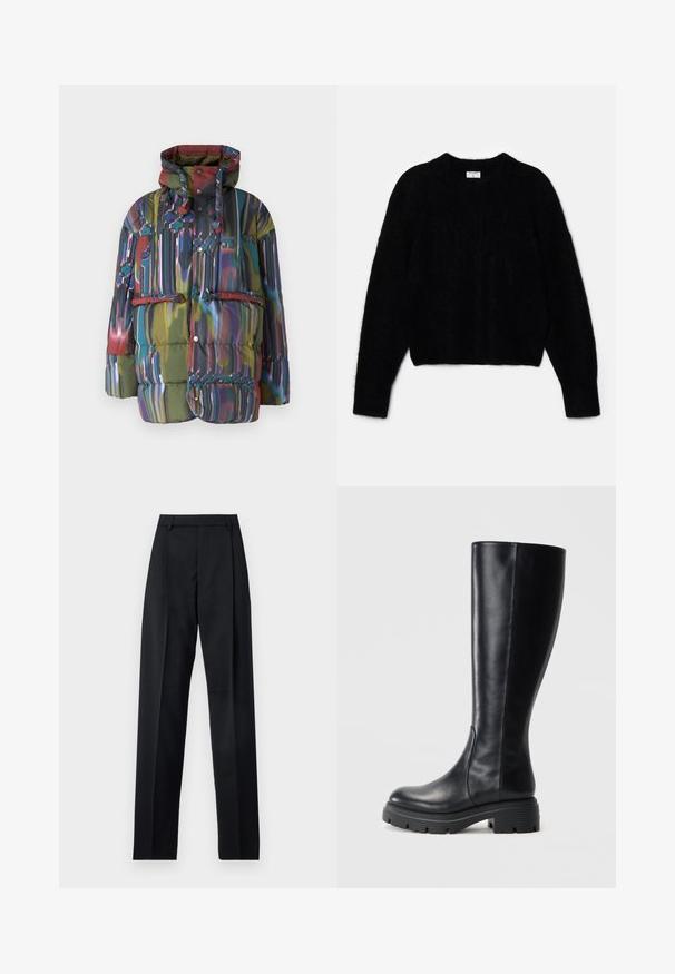 Giacca imbottita con un design astratto multicolore. Include un cappuccio, bottoni a pressione e una tasca frontale con patta. Il tessuto è lucido e texturizzato.; Maglione cropped nero realizzato in materiale soffice. Presenta un colletto rotondo e maniche lunghe con una consistenza morbida. Design minimale, senza fantasie.; Pantaloni neri realizzati in tessuto morbido, caratterizzati da vita alta, gambe larghe, pince frontali e classiche passanti per cintura. Non ci sono tasche laterali visibili.; Stivali neri al ginocchio realizzati in pelle liscia, con punta tonda e suola in gomma spessa con modelli di battistrada per una migliore aderenza.