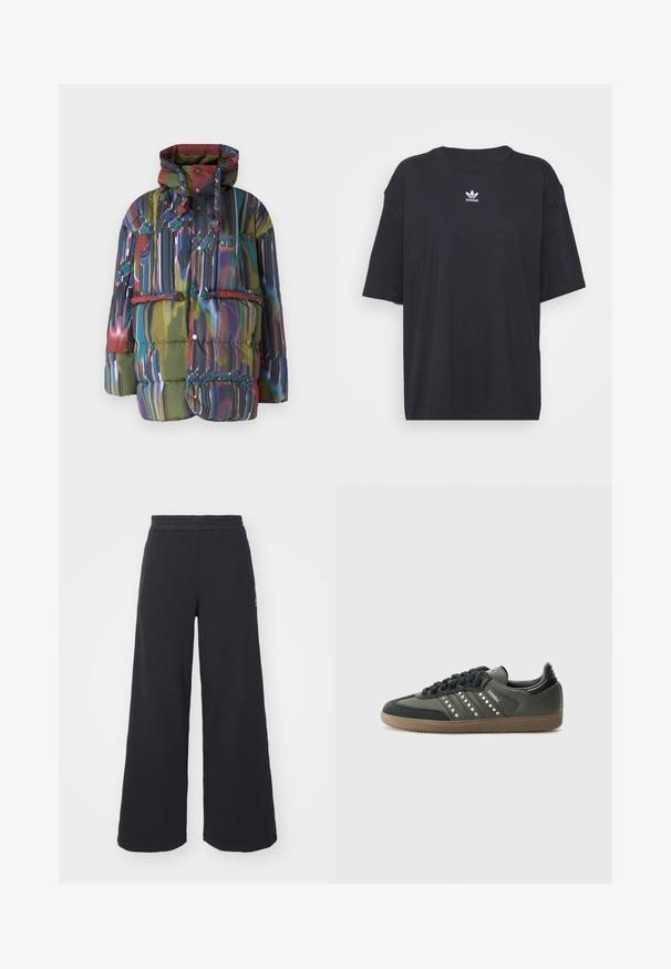 Padded jacket with a multicolored abstract design. Contains a hood, snap buttons, and a front pocket with a flap. Fabric is glossy and textured.; Black cotton t-shirt with short sleeves, round neckline, features a white Adidas logo on the chest. Simple design, relaxed fit.; Black wide-leg sweatpants made from soft fabric, featuring an elastic waistband and a small logo on the left side.; adidas Originals SAMBA OG - Trainers - core black/legend earth/gum