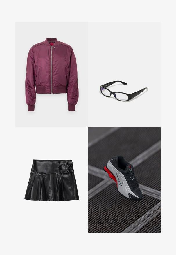 Maroon bomber jacket with a smooth, shiny finish, ribbed cuffs, and hem. Features a zip front and side pockets. Lightweight design.; Three sleeveless camisoles: one black, one gray, and one white. Made of soft, stretchy fabric with adjustable spaghetti straps.; Black leather skirt with pleats, wide waistband, and two buckle accents on the side. Smooth texture with a glossy finish.; Black and gray athletic shoe with red cushioned sole, black laces, and swoosh logo resting on metal grid surface.; Black rectangular glasses with clear lenses. Glossy finish, narrow arms, and purple tint visible at the edges of the lenses.; Red synthetic leather shoulder bag with a fold-over flap, silver snap accents on the strap, and a printed "Desigual" logo.