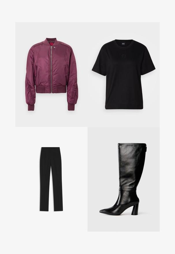 Maroon bomber jacket with a smooth, shiny finish, ribbed cuffs, and hem. Features a zip front and side pockets. Lightweight design.; Black cotton t-shirt with a crew neckline, short sleeves, and an embroidered logo on the chest. Simple, relaxed fit with no patterns.; Black tailored trousers with a straight-leg design, featuring front pockets and a smooth, textured fabric. Neat, minimal detailing.; Knee-high black leather boot with a pointed toe, smooth texture, and a chunky heel. Features a zipper detail at the back.