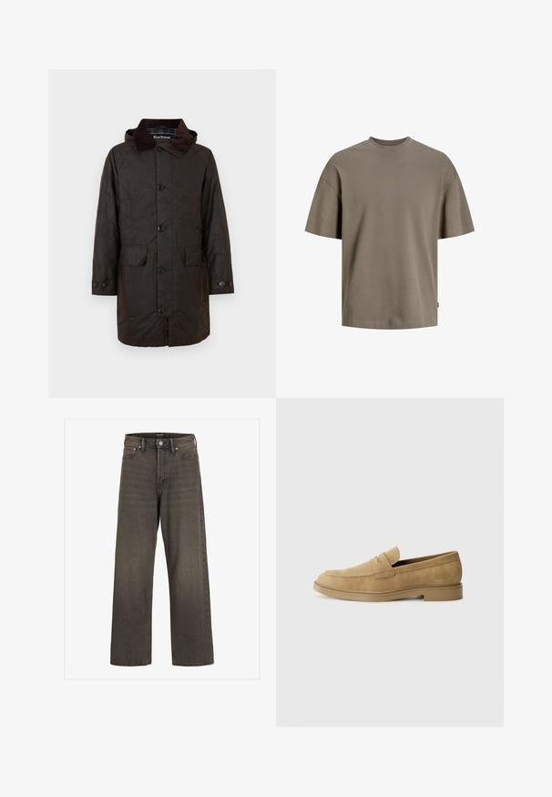 Tmavě hnědý kabát Barbour s knoflíkovým zapínáním, dvěma kapsami s klopami a kordovým límcem, vystavený na bílém pozadí.; Bavlněné tričko v tlumené olivové barvě; má kulatý výstřih, krátké rukávy a volný střih s minimálními švy.; Džínové kalhoty s širokými nohavicemi v tmavě šedém denimu, s vysokým pasem, klasickým designem pěti kapes a kontrastním prošíváním podél švů.; Béžové semišové mokasíny s kulatou špičkou, nízkým blokovým podpatkem a prošíváním na svršku. Hladký povrch a minimalistický design.