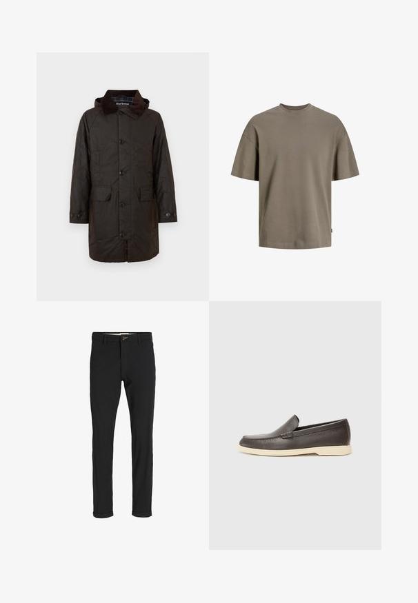 Sötétbarna Barbour kabát gombos záródással, két hajtókás zsebbel és kordbársony gallérral, fehér háttér előtt bemutatva.; Pamut póló tompa olívazöld színben; kerek nyakkal, rövid ujjal és laza szabással rendelkezik, minimális varrási részletekkel.; Fekete pamut keverék nadrág, slim fit szabással, gombos záródással, zsebekkel és felgöngyölt szárakkal a laza végeredményért.; Barna bőrből készült, slip-on stílusú cipők, amelyek texturált felülettel és ellentétes világos bézs talppal rendelkeznek, lekerekített orral és minimális varrási részletekkel.