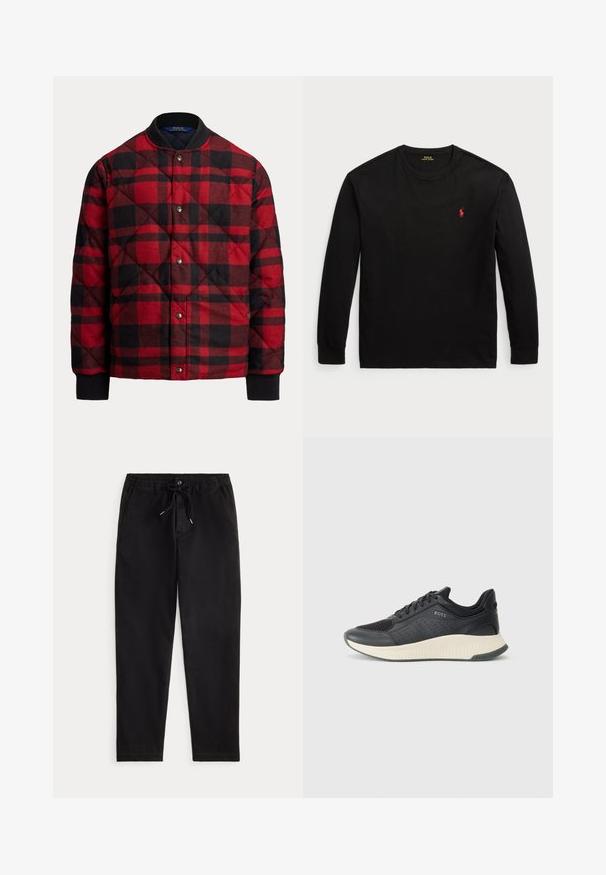 Raštuota raudonos ir juodos languotos medvilninė lengvojo bombonešio striukė su apvaliomis apykaklėmis, spaudžiamais užsegimais ir ribuotais rankogaliais, suteikiančiais šilumą ir patogumą.; Juodas ilgomis rankovėmis t-shirt, pagamintas iš medvilnės. Turi apvalų kaklą, suglebusius rankogalius ir mažą raudoną siuvinėtą logotipą ant krūtinės. Lygi tekstūra.; Juodos laisvos kelnės su elastinga juosta, raišteliu, priekinėmis sagomis ir šoninėmis kišenėmis, pateiktos ant vienodo fono.; Juodi sportiniai bateliai su tinkleliu, turintys perforacijas, tekstūruotą kremine spalvos tarpinę ir guminį pado paviršių geresniam sukibimui.