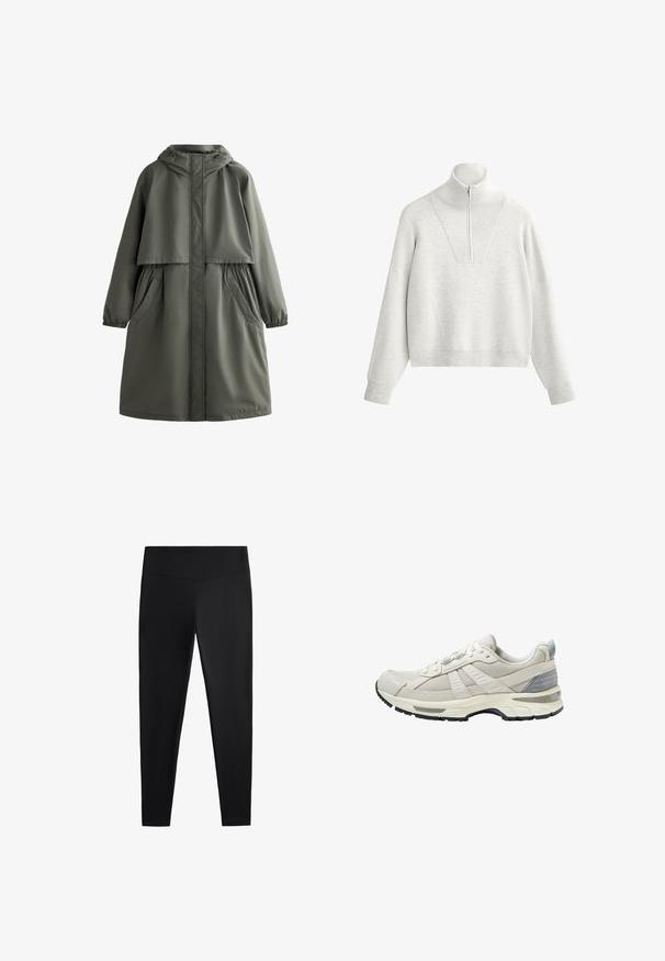 Olivgrön vattentät jacka med huva, elastiska ärmslut, två sidofickor och lagerdesign. Slät textur och medellång skärning.; Ljusgrå sweatshirt med hög krage, med halvvide dragkedja och ribbad textur. Rutig form med nedsläppta axlar och en strukturerad design.; Svarta leggings av ett slätt, stretchigt tyg. Har en bred midja och design med avsmalnande ben, lämpliga för aktiv eller avslappnad användning.; Beige sportskor med texturerad mesh-överdel och släta detaljer. Har en vadderad sula, förstärkt tå och svart gummiyttersula.