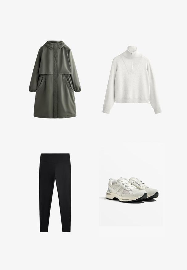 Manteau imperméable vert olive avec capuche, poignets élastiqués, deux poches latérales et un design superposé. Texture lisse et coupe mi-longue.; Sweatshirt gris clair avec un col haut, doté d'une demi-fermeture éclair et d'une texture côtelée. Forme boxy avec des épaules dropped et un design structuré.; Leggings noirs en tissu lisse et extensible. Dotés d'une taille large et d'un design de jambe fuselée, adaptés pour une utilisation active ou décontractée.; Baskets de course légères en beige et gris. Tige en maille, semelle en caoutchouc, lacets avec œillets renforcés et accent de talon texturé.