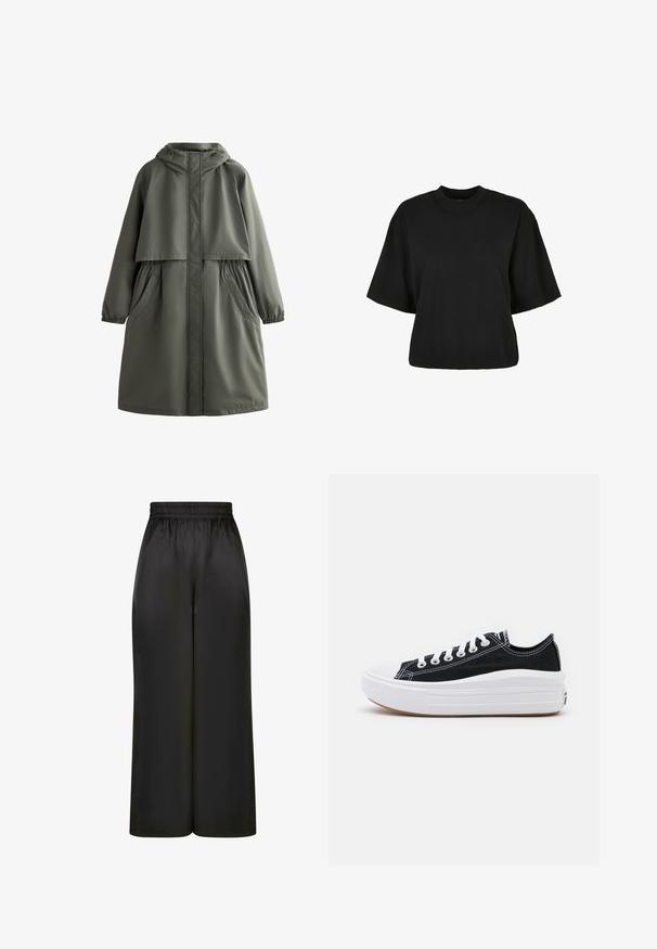 Olive green waterproof coat with a hood, elasticized cuffs, two side pockets, and a layered design. Smooth texture and mid-length cut.; Black cropped t-shirt made of cotton. Features short sleeves and a round neckline. Smooth texture with a simple design, no additional patterns.; Black wide-leg pants made of smooth, shiny fabric with an elastic waistband and no visible pockets or hardware details.; Black canvas sneakers with white laces, white rubber toe cap, and a chunky white midsole. Features subtle white stitching and a gum sole.