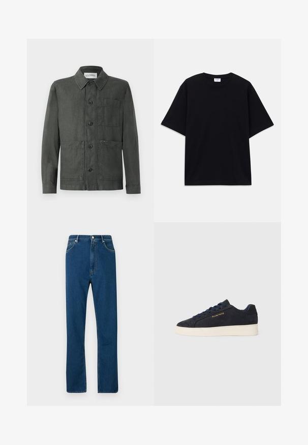 Sivina lanena jakna s ovratnikom, sprednjim žepom in zapiranjem na gumb. Ima sproščen kroj in subtilno teksturo.; Črno kratkotrajno široko T-shirt s krožnim izrezom in vidno blagovno znamko Filippa K znotraj ovratnika.; Modre jeans iz denima z visokim pasom, ravnim krojem, petimi žepi in kontrastnim oranžnim šivom. Gladka tekstura.; Mornarsko modre semiš nizke superge z belim podplatom, mornarskimi vezalkami in z zlatim logotipom "Filling Pieces" na strani.