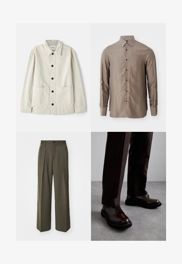 Vaalean beige napillinen takki kestävästä puuvillasta, jossa on taitettava kaulus, kaksi etutaskua ja kuusi mustaa nappia. Silkkinen rakenne.; Pitkähihaisessa paidassa on taupe-väri, se on valmistettu sileästä kankaasta ja siinä on napitettava etuosa tummilla napeilla. Rinnassa on pieni logo.; Filippa K WIDE TROUSERS - Housut - driftwood; Ruske nahkasaapad, joissa on kiiltävä pinta, musta kumipohja ja hienovarainen ompelu. Yhdistetty raitapolkkaisiin ruskeisiin housuihin.