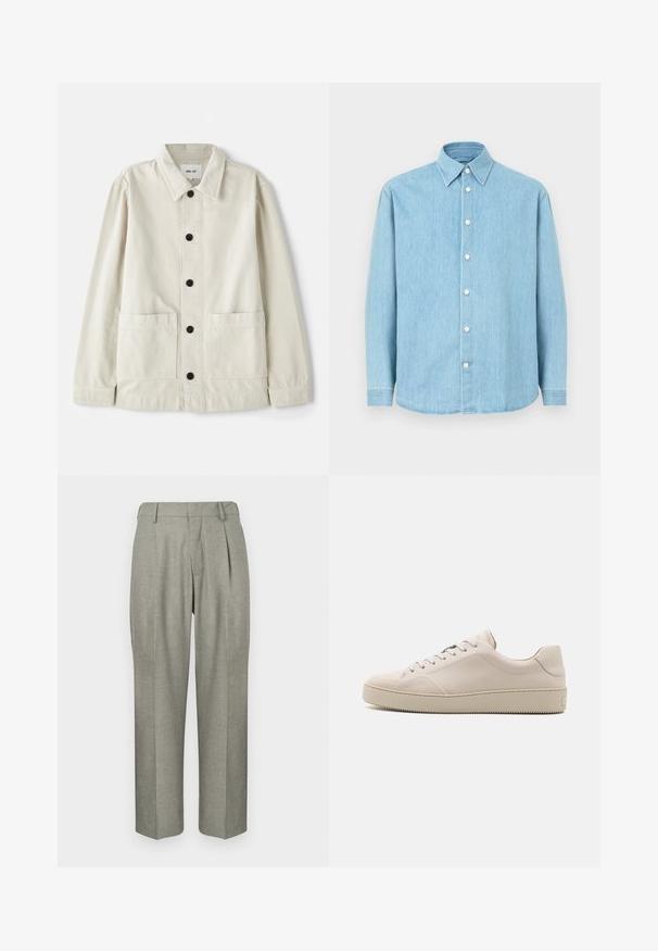 Vaalean beige napillinen takki kestävästä puuvillasta, jossa on taitettava kaulus, kaksi etutaskua ja kuusi mustaa nappia. Silkkinen rakenne.; Vaaleansininen farkkukangas pitkähihaisessa nappikauluspaitassa, jossa on terävä kaulus ja valkoiset napit, esiteltynä yksinkertaista taustaa vasten.; Harmaat housut tekstuurilla. Ominaisuuksina suora lahjesuunnittelu, laskokset edessä ja litteä vyötärö.; Beige nahkakengät, joissa on sileä pinta, pyöreä kärki, tasapohja ja klassinen nauhakiinnitys. Huomaamattomat ompeleet ja teksturoitu pohja.