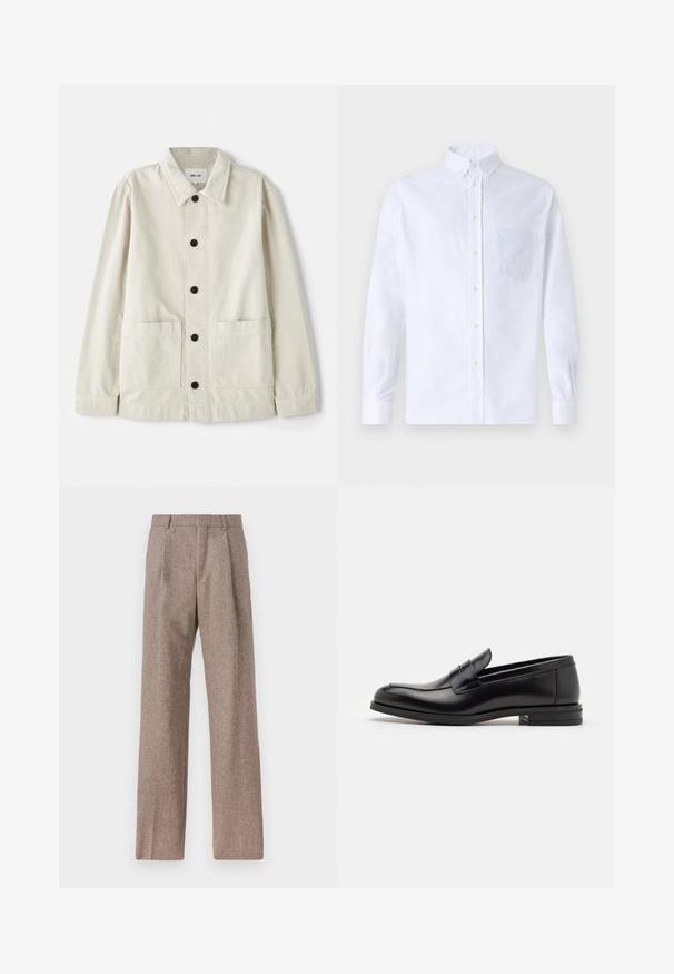 Lys beige button-up jakke i slidstærk bomuld med nedfoldet krave, to frontlommer og seks sorte knapper. Glat tekstur.; Hvid langærmet skjorte med knapper lavet af bomuld, med en brystlomme med tonal broderi, krave og knapmanchetter.; Brune, højtaljede bukser lavet af tekstureret stof. Har brede ben og to frontfoldninger for struktur. Pæn finish uden synlig hardware.; Sorte læderloafers med en glat overflade, rund tå og en dekorativ strop over vampen. Lav hæl med stabeldesign, minimalistisk stil.