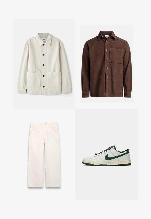 Lys beige button-up jakke i slidstærk bomuld med nedfoldet krave, to frontlommer og seks sorte knapper. Glat tekstur.; Brun kordfløjlsskjorte med button-down krave, forlommer, hvide knapper og lange ærmer med knappede manchetter. Teksturdetalje.; Hvide vide jeans lavet af denim, med knaplukning, fem lommer og subtile stikningsdetaljer. Rent, minimalistisk design.; Hvide lavtop sneakers med mørkegrøn Nike swoosh, snørebånd og sål accenter, vist i profil på en ensfarvet hvid baggrund.