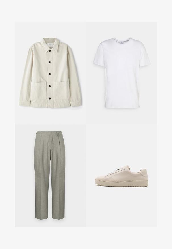 Giacca button-up di un beige chiaro in cotone resistente, con colletto a risvolto, due tasche frontali e sei bottoni neri. Texture liscia.; T-shirt bianco a maniche corte realizzato in cotone. Presenta un colletto rotondo e una vestibilità comoda, senza motivi o dettagli visibili.; Pantaloni grigi chiari in un tessuto strutturato. Presentano un design a gamba dritta, pieghe davanti e una vita piatta.; Sneakers in pelle beige con una finitura liscia, punta rotonda, suola piatta e design classico con lacci. Dettagli di cucitura discreta e suola testurizzata.