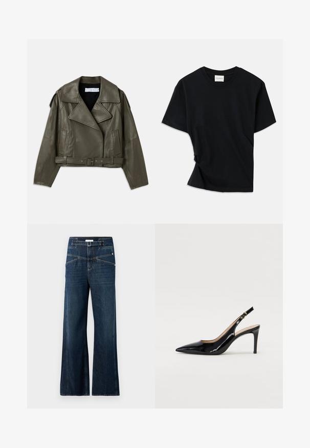 Olivgrön läderbikerjacka, kort design, breda slag, bälte i midjan, långa ärmar, sidofickor och axelstycken.; Svart t-shirt i mjuk bomull, med rund halsringning, korta ärmar och en lätt snedvriden design för en avslappnad passform.; Breda jeans i mörkblå denim med hög midja, två framfickor och kontrasterande sömdetaljer.; Svart patenterat läder slingback pumps med spetsig tå, smal klack och en subtil utskärning. Har en guldbuckle på remmen.