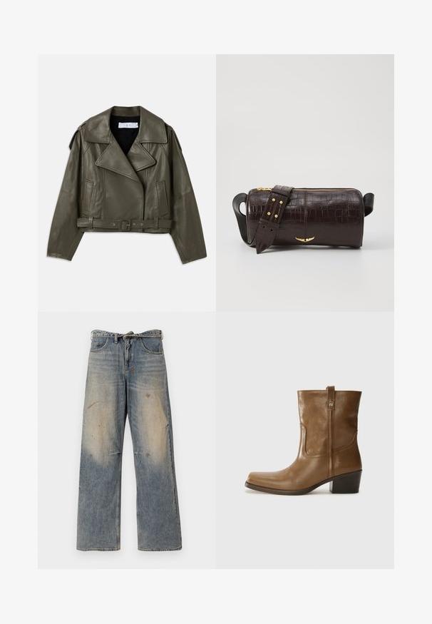 Olíva zöld bőr motoros dzseki, rövidített fazon, széles gallér, övvel ellátott derék, hosszú ujjak, oldalsó zsebek és vállpántok.; Hosszú ujjú, világos bézs blúz kerek nyakkivágással. Puha anyagból készült, középső varrással és enyhén ívelt szegéllyel rendelkezik. Nincs rajta látható fémrész.; Világoskék farmernadrág, laza, egyenes szabással. Serteszálas, kopott és szakadt részletek jellemzik a térd környékén. Klasszikus öt zsebes stílus.; Barna bőrből készült bokacsizma négyzet alakú orral, texturált felülettel és alacsony, rakott sarkával. Hátsó húzófüllel és finom varrási részletekkel rendelkezik.; Barna krokodilbőr hatású bőr táska henger alakú, arany tónusú fémveretekkel és lecsatolható, szegecsekkel díszített pánttal.
