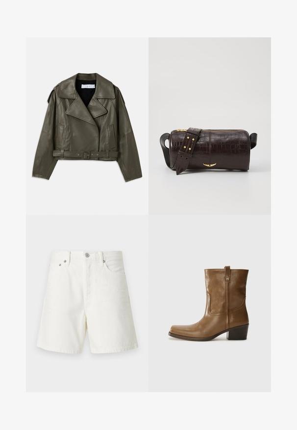 Jachetă de biker din piele de culoare verde măslin, cu un design scurt, reveruri late, talie beltată, mâneci lungi, buzunare laterale și epauleți pe umeri.; Top cu mânecă lungă, de culoare bej deschis, cu decolteu rotund. Realizat dintr-un material moale, prezintă o cusătură centrală și un tiv ușor curbat. Fără elemente de prindere vizibile.; Șorturi din denim alb cu croi drept, design cu cinci buzunare, închidere cu nasture în față, elemente de metal argintii și detalii cusute.; Botine din piele maro, cu vârf pătrat, finisaj texturat și toc mic, îngrămădit. Prezentă un tab de tragere la spate și detalii subtile de coasere.; Geantă din piele căptușită cu un model de crocodil de culoare maro, cu o formă cilindrică, accesorii de culoare aurie și un curea detasabilă cu tăieturi.