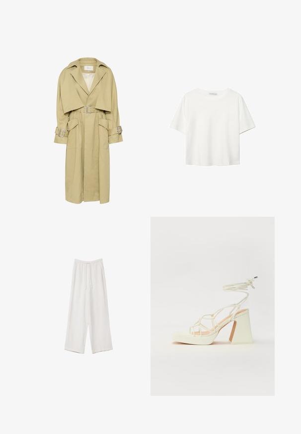 Gestuz SOURI - Trenčkot - dark yellow/beige; Biela krátkopsová tričko vyrobené z bavlny. Má okrúhly výstrih a voľný strih. Hladká textúra bez viditeľných vzorov alebo akcentov.; Biele široké nohavice vyrobené z ľahkej tkaniny. Obsahujú elastický pás so sťahovacou šnúrkou a bočné vrecká. Hladká textúra.; Biele sandále na vysokom opätku s hrubým podpätkom, s pruhovaným dizajnom a viazaním na členku. Hladký povrch s platformou vpredu pre zvýšenú výšku.