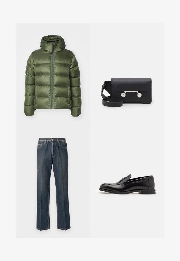 ASPESI BUDD - Sulejope - verdone/dark green; Kreemivärvi kudumiga sviiter polo krae, sooniküttega varrukate ja äärega, ees klappi ja pehme tekstuuriga.; Tumedat sinise lühikeste varrukatega T-särk, millel on valge tekst "neanche per sogno" keskel rinnal, ümmargune kaelus, keskmine suurus.; Tumedast sinised sirged teksapüksid, millel on ees nupp, tõmblukk, kaks eesmist taskut ja nähtavad vertikaalsed kortsud pükste jalgu pidi.; Mustad mustad nahast loafers sileda tekstuuriga, ümarat ninaosa ja dekoratiivne riba vampi üle. Madal kihiline konts, minimalistlik disain.; Must со хsaid crossover kottiga black nahka, mis on varustatud klapiga sulgemisega, hõbedased detailid ja kaks ümmargust aksessuaar. Omab eemaldatavat rihma. Sile tekstuur.