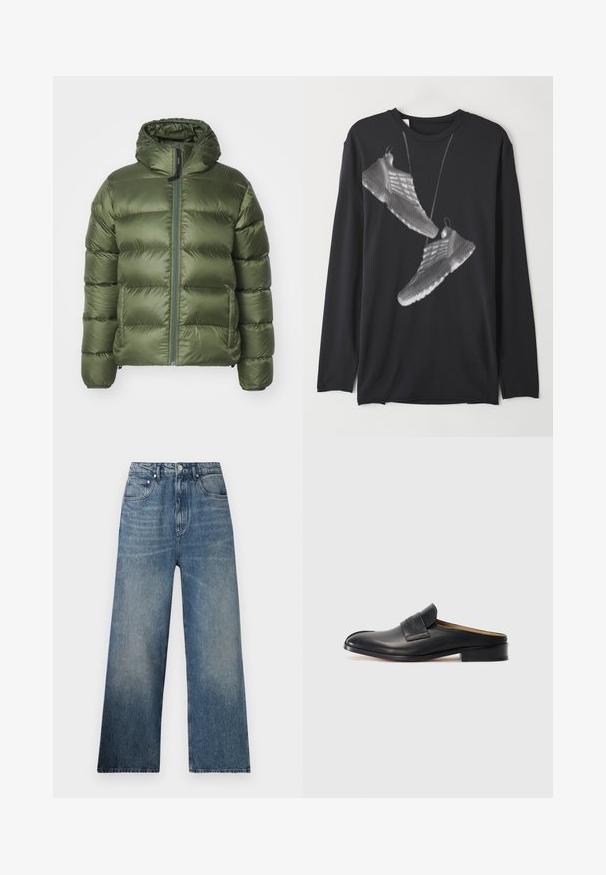 ASPESI BUDD - Dunjakker - verdone/dark green; Sort langærmet skjorte lavet af glat stof, der har et grafisk design af sneakers i hvid med et prikket mønster på forsiden.; Blå denim bredbenede jeans med høj talje, subtilt slid, fem lommer og metalknaplukning foran.; Sort læder slip-on sko med rund tå, lav blokhæl og en frontrem. Glat overflade med subtil logo detalje på remmen.