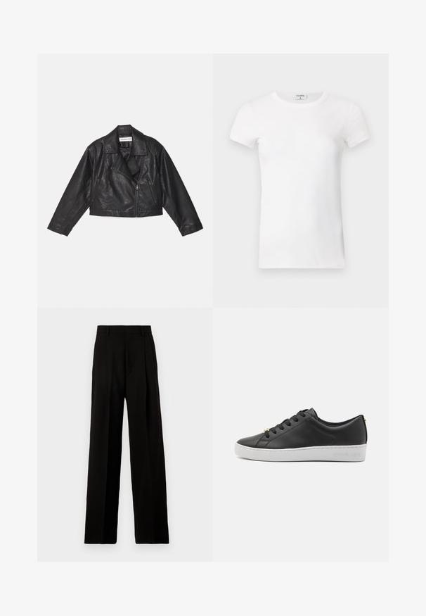 Černá kožená zkrácená biker bunda s klopovým límcem, dlouhými rukávy a zipovým zapínáním. Obsahuje texturovaný povrch a boční kapsy.; Bílý žebrovaný tričko s krátkým rukávem a kulatým výstřihem. Tkanina vypadá hladce a má těsný siluetu. Značkový štítek je viditelný na límci.; Černé široké kalhoty vyrobené z hladkého materiálu, s vysokým pasem, předními plisovanými detaily a čistým, upraveným designem bez zdobení.; Černá kožená teniska s bílou gumovou podrážkou, kulatou špičkou, šněrováním v přední části a zlatými akcenty na patě. Texturovaný povrch s detailem švů.