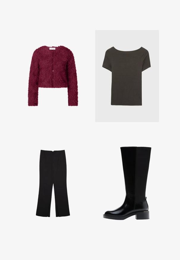 Cardigan court bordeaux en matériau texturé et duveteux, avec des manches longues et une fermeture boutonnée à l'avant.; Haut à manches courtes gris foncé avec un col bateau. Fabriqué en tissu côtelé, il présente une coupe décontractée et un ourlet propre. Design simple, sans motifs.; Pantalon noir avec une coupe droite, doté de poches avant et d'éclairs sur l'ourlet. Fabriqué en tissu doux et lisse. Convient à diverses occasions.; Botte noire montant jusqu'au genou avec une finition en cuir lisse, des coutures prononcées, un talon épais et un panneau arrière texturé pour un intérêt visuel accru.