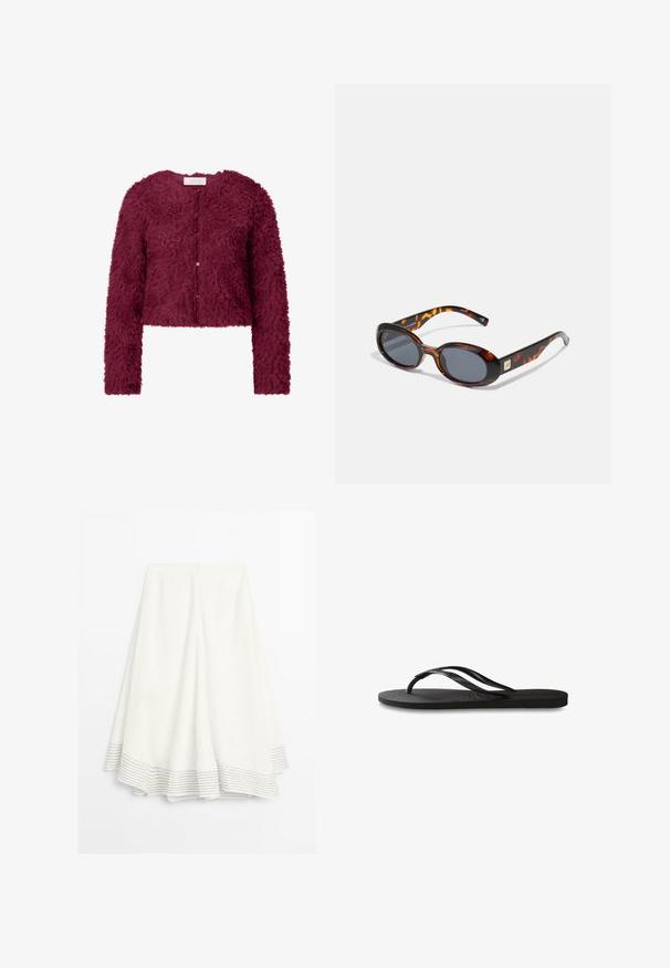 Burgundowy krótki kardigan z teksturowanego, puszystego materiału, z długimi rękawami i zapięciem na guziki z przodu.; Biała bawełniana koszulka z krótkim rękawem, okrągłym dekoltem i luźnym krojem. Gładka tekstura i prosty design, bez wzorów i akcentów.; Biała midi spódnica z rozkloszowanym dołem, z cienkimi poziomymi czarnymi paskami oraz zapięciem na zamek z tyłu.; Czarne klapki z teksturowaną gumową podeszwą, dwiema smukłymi paskami oraz subtelnym, wytłoczonym logo na pasku.; Brązowe okulary przeciwsłoneczne w stylu tortoise z owalnymi soczewkami i ciemnoszarym szkłem. Posiadają złotą akcentację na zausznikach. Gładka tworzywowa faktura.