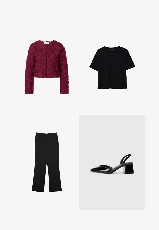 Burgundský skrátený kardigán s textúrovaným, nadýchaným materiálom, dlhými rukávmi a zapínaním na gombíky vpredu.; Čierne tričko s krátkym rukávom vyrobené z bavlny. Má okrúhly výstrih a voľný strih s hladkou, jednofarebnou textúrou. Žiadne viditeľné vzory ani akcenty.; Čierne nohavice so strihom rovného strihu, s prednými vreckami a bočnými rozparkami na leme. Vyrobené z mäkkej, hladkej tkaniny. Vhodné na rôzne príležitosti.; Čierne lakované kožené sandálové podpätky s špicatou špičkou a geometrickým blokovým podpätkom. Disponujú elegantným, minimalistickým dizajnom a hladkým povrchom.