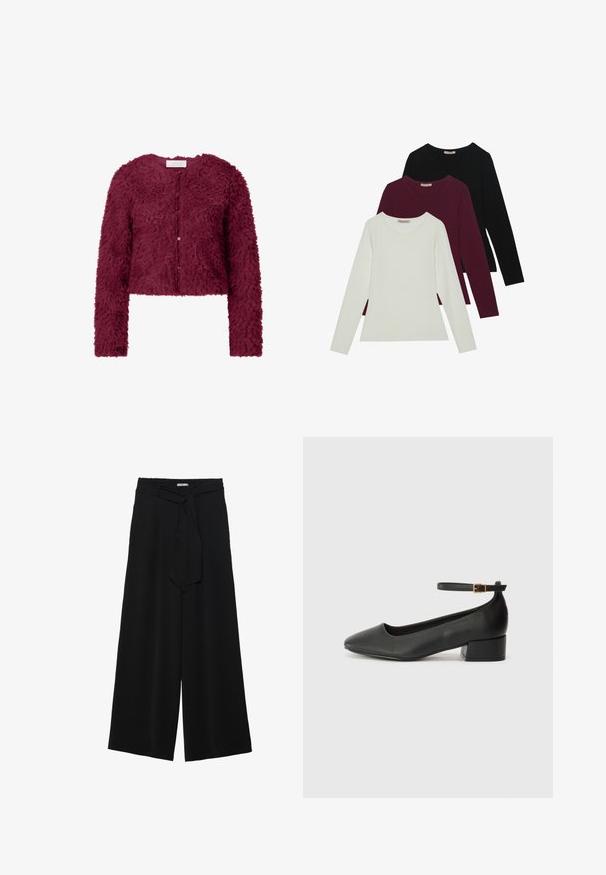 Cardigan corto bordeaux realizzato in un materiale texturizzato e soffice, con maniche lunghe e chiusura a bottoni sul davanti.; T-shirt a maniche lunghe in bianco, bordeaux e nero. Realizzate in tessuto morbido con scollatura rotonda e design aderente. Adatte per essere indossate a strati.; Pantaloni neri a gamba larga caratterizzati da un tessuto testurizzato, una vita elastica e una cintura staccabile per una vestibilità regolabile.; Pump in pelle nera con punta affusolata e tacco basso a blocco. Presenta una cinghia alla caviglia con una fibbia in tonalità oro. Texture liscia.
