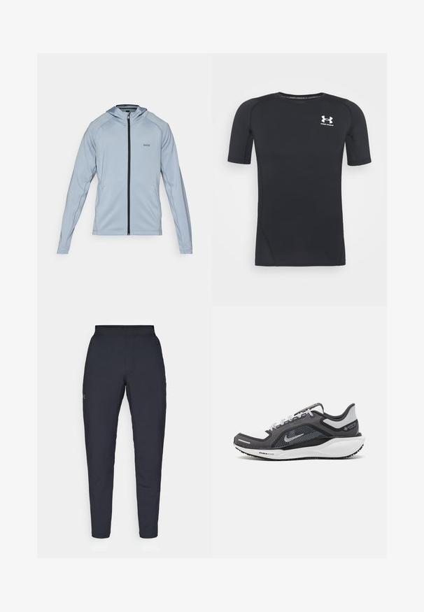 Light blue zip-up hoodie with a black zipper, long sleeves, and side pockets. Features a hood and subtle seam details. Made from smooth fabric.; Black short-sleeve athletic shirt made of moisture-wicking, stretchy fabric. Features a round neckline and a small white logo on the chest.; Black athletic pants with a smooth texture, slim fit, elastic waistband, and side pockets. Features a small logo on the left thigh.; Black and gray athletic shoe with a mesh upper, reflective accents, and a white midsole. Features textured rubber outsole and laces.