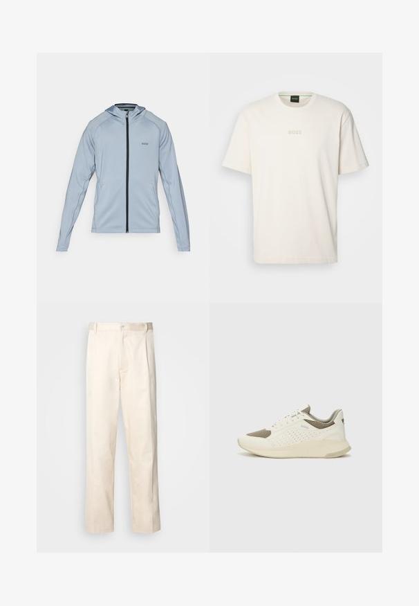 Sudadera con cremallera de color azul claro, con cremallera negra, mangas largas y bolsillos laterales. Presenta una capucha y detalles de costura sutiles. Fabricada con tela suave.; BOSS TEE - Camiseta básica - open white; Pantalones de algodón beige con corte recto, que cuentan con un cierre de botón y pliegues en la parte frontal para un detalle adicional.; Zapatilla deportiva en blanco y beige claro, con parte superior de malla, detalles perforados y una mediasuela texturizada con la marca en el talón.