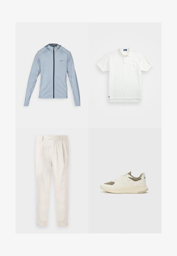 Hele sinine lukuga kapuutsiga pusa, millel on must lukk, pikad varrukad ja küljetaskud. Omab kapuutsi ja peeneid õmbluse detaile. Valmistatud siledast kangast.; Valge polo särk, mis on valmistatud puuvillast, klassikalise kraega, kolme nööbiga kinnitusega ja vasakul rinnal taskuga; väike logo helmel.; Valged volditud püksid, mis on kohandatud sobivusega, sujuva tekstuuriga, vööloopidega ja kitsenevate jalgadega. Pole nähtavaid taskuid ega mustreid.; Valge ja heledat beeži värvi spordijalats, millel on õhuke võrkmaterjal, perforatsioonidega detailid ning tekstuuriga vahetald, millel on brändi logo kannaosas.