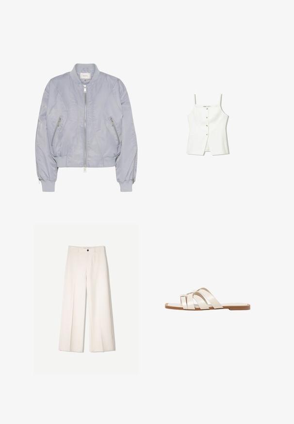 Ljusblå bomberjacka i mjukt tyg, med dragkedja framtill, sidofickor och ribbade manschetter och krage.; Vit ärmlös topp med knäppning fram, sidofickor och en figurnära design med svagt utsvängd nederdel. Slät textur, minimal detaljer.; Krämfärgade byxor med vida ben och skräddarsydd design, med två framfickor och en enda knappstängning fram, tillverkade av ett smidigt tyg.; Platta sandaler med en brun gummisula, designade med tre överlappande vita läderspännen och en liten rosett i mitten.