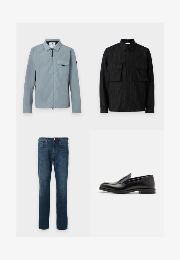 Light blue, long-sleeve jacket with a collar, front zipper, and a chest pocket. Features a black accent on the left arm. Smooth texture.; Black long-sleeve shirt featuring vertical pinstripes, two chest pockets, a collared neckline, and button closure. Soft, textured fabric.; Dark blue denim jeans, straight-leg design, five pockets, button-fly closure, with subtle fading and stitching details. Smooth texture.; Black leather loafers with a smooth texture, rounded toe, and a decorative strap across the vamp. Low stacked heel, minimalist design.