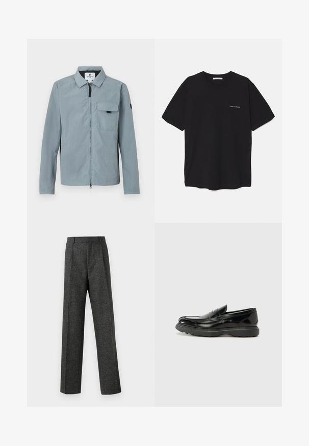 Lichtblauwe, lange mouwen jas met een kraag, voorrits en een borstzak. Heeft een zwarte accenten op de linkerarm. Soepele textuur.; Zwarte katoenen T-shirt met een ronde hals, korte mouwen en een witte logo-print op de linkerkant van de borst. Eenvoudig, effen kleur ontwerp.; Grijze op maat gemaakte broek van gestructureerde stof, met twee voorplooien en een rechte pijp. Geen zichtbare zakken of versieringen.; Zwarte leren instapper met een glanzende afwerking, een ronde neus, subtiele stiksels en een dikke rubberen zool voor duurzaamheid.