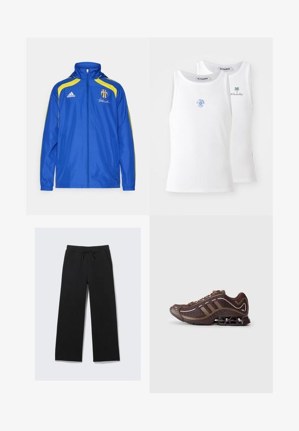 adidas Performance JUVENTUS TURIN URBAN PURIST WINDBREAKER - Joukkuetuote - team royal blue; Kaksi valkoista toppia, jossa on ribbitettu pinta, ja joissa on siniset ja vihreät brodeeratut logot. Toisessa on auringon muotoilu, toisessa palmu.; Mustat leveälahkeiset collegehousut, jotka on valmistettu pehmeästä kankaasta. Varustettu joustovyöllä, jossa on nyöri, ja sivutaskuilla. Sujuva kangas.; Ruskeat urheilukengät, joissa on verkkovuori ja synteettinen päällinen, kolmonen raita, yksityiskohtainen ompelu, pehmustettu pohja ja tyypillinen joustava kanta.