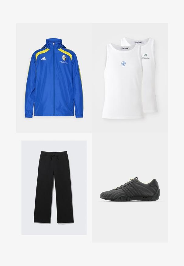 adidas Performance JUVENTUS TURIN URBAN PURIST WINDBREAKER - Vereinsmannschaften - team royal blue; Zwei weiße Tanktops mit Rippstricktextur, die blaue und grüne gestickte Logos aufweisen. Eines hat ein Sonnendesign, das andere eine Palme.; Schwarze weit geschnittene Sweatpants aus einem weichen Material. Mit einem elastischen Bund und einer Kordel sowie Seitentaschen. Glatte Textur.; adidas Originals ADIRACER UNISEX - Sneaker low - core black/cream white
