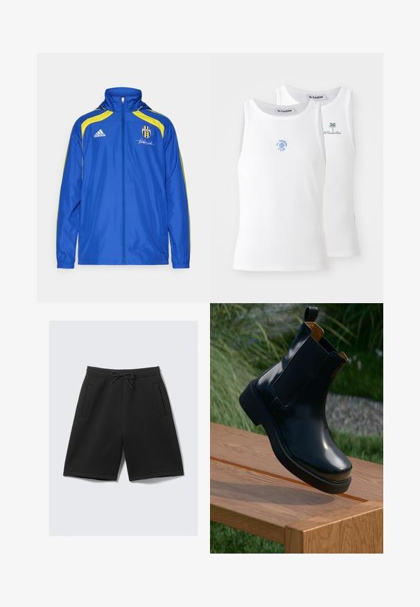 adidas Performance JUVENTUS TURIN URBAN PURIST WINDBREAKER - Klubové oblečení - team royal blue; Dvě bílé tílka s jemným žebrováním, zdobené modrými a zelenými vyšívanými logy. Jedno má design slunce, druhé design palmy.; Černé sportovní šortky vyrobené z měkké tkaniny, s elastickým pasem na šňůrku a dvěma předními kapsami. Hladká textura a délka ke kolenům.; Černé kožené chelsea boty s hladkým povrchem, elastickými bočními panely, zaoblenou špičkou a silnou gumovou podrážkou, umístěné nad dřevěným povrchem.