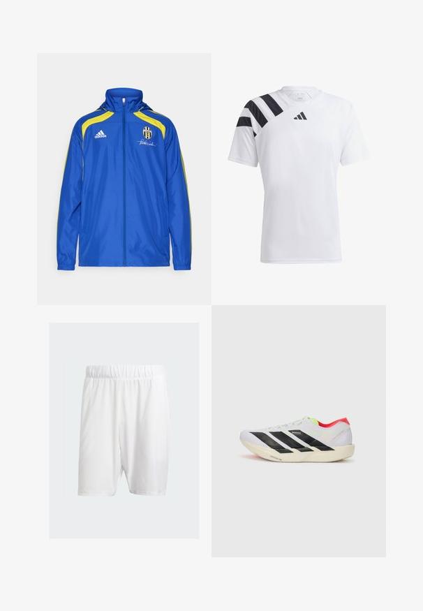 adidas Performance JUVENTUS TURIN URBAN PURIST WINDBREAKER - Fanartikel - team royal blue; Witte lichtgewicht sportshirt met zwarte strepen op de linker schouder en zwart logo op de borst. Korte mouwen, ronde halsontwerp.; Witte sportshorts van lichtgewicht stof, met een elastische tailleband, een gladde textuur en een knielengte.; Witte hardloopschoen met zwarte strepen, neon groene accenten en een rode hak. Beschikt over een lichtgewicht ontwerp en een gestructureerde zool voor grip.