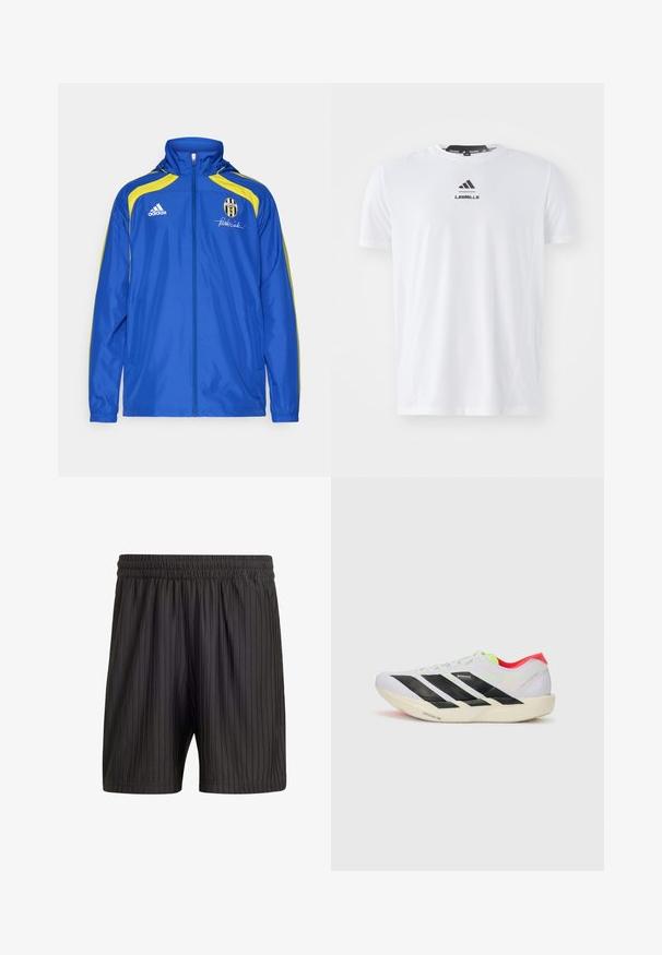 adidas Performance JUVENTUS TURIN URBAN PURIST WINDBREAKER - Klupska odjeća - team royal blue; Bjela sportska majica od lagane tkanine. Ima okrugli izrez, kratke rukave i crni "LES MILLS" logo sprijeda.; Crne kratke hlače s elastičnom šnikom, s vertikalnim prugama i laganom, teksturiranom tkaninom. Dužina do sredine bedra.; Bijela trkačka cipela s crnim prugama, neon zelenim naglascima i crvenim petom. Ima lagani dizajn i teksturiranu potplat za bolji grip.