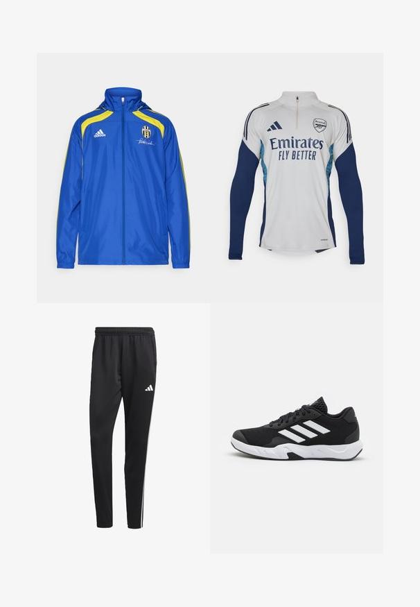 adidas Performance JUVENTUS TURIN URBAN PURIST WINDBREAKER - Club wear - team royal blue; White long-sleeve jersey with navy blue accents, half-zip neckline, featuring "Emirates Fly Better" logo and Arsenal club crest.; Black athletic pants with a stretchy waistband, white side stripes, and a small white logo on the thigh. Made from a smooth, lightweight material.; Black athletic shoes with a textured mesh upper, white accent stripes, a cushioned sole, and a reinforced heel for support.