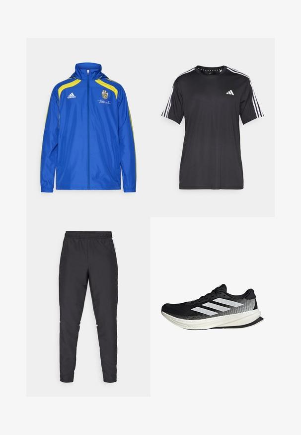 adidas Performance JUVENTUS TURIN URBAN PURIST WINDBREAKER - Vereinsmannschaften - team royal blue; Schwarzes T-Shirt mit kurzen Ärmeln und weißem Dreistrichdesign an den Schultern sowie Logo auf der Brust. Hergestellt aus atmungsaktivem Stoff, glatte Textur.; Schwarze Sporthose mit elastischem Bund, schmal zulaufenden Beinen und weißen Seitenelementen. Hergestellt aus synthetischem Material mit glatter Textur.; Schwarzer Sportschuh mit einem Mesh-Design, ausgestattet mit weißen Streifen, einer runden Zehenpartie und einer strukturierten Sohle für Grip und Unterstützung.