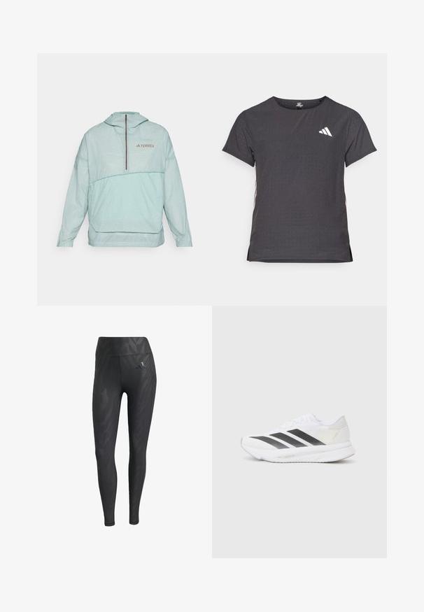 Light green hooded windbreaker with a checkered pattern, half-zip front, elastic cuffs, and a logo on the chest. Smooth texture, lightweight design.; Short-sleeve athletic t-shirt, dark gray with perforated texture. Features a white logo and contrasting side stripes. Rounded neckline.; Black leggings with a tonal zebra pattern, high waist, smooth texture, and an Adidas logo on the left hip. Crafted from stretchy fabric.; White athletic shoe with black diagonal stripes, mesh upper, rounded toe, and textured sole. Accents include a silver heel and minimalistic design.