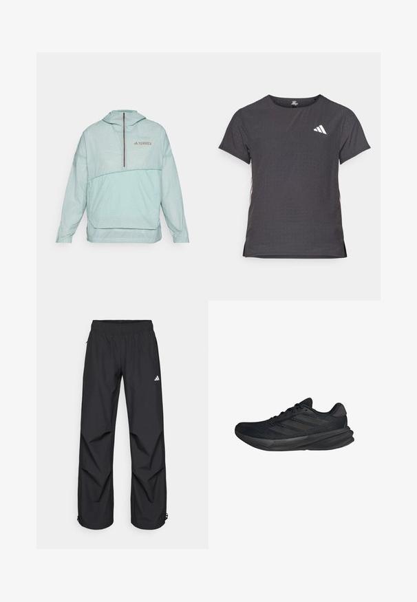 Hellgrüner, gefütterter Windbreaker mit Karomuster, halber Reißverschluss vorne, elastischen Bündchen und einem Logo auf der Brust. Glatte Textur, leichtes Design.; Kurze Ärmel Sport-T-Shirt, dunkelgrau mit durchbrochener Textur. Enthält ein weißes Logo und kontrastierende Seitenstreifen. Runder Ausschnitt.; Schwarze, leichte, wasserdichte Hosen mit elastischem Bund, seitlichen Taschen und verstellbaren Bündchen. Mit einem weißen Logo am linken Oberschenkel.; Schwarze Sportschuhe mit einem Obermaterial aus Mesh, stromlinienförmiger Form, flacher Sohle und drei diagonalen Streifen an der Seite. Leichtes Design für Komfort.