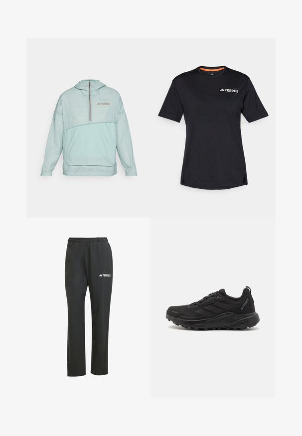 Ανοιχτό πράσινο αδιάβροχο με κουκούλα και καρό μοτίβο, μισό φερμουάρ στο μπροστινό μέρος, ελαστικές μανσέτες και λογότυπο στο στήθος. Απαλή υφή, ελαφρύ σχέδιο.; Μαύρο κοντομάνικο T-shirt με στρογγυλή λαιμόκοψη, που διαθέτει μια λεπτή υφή μιγμάτων και λευκό λογότυπο "TERREX" στην επάνω αριστερή πλευρά.; Μαύρο ελαφρύ παντελόνι με ελαστική μέση. Διαθέτει μια διακριτική λευκή επιγραφή "TERREX". Λείος ύφασμα και σχέδιο ίσιου ποδιού.; Μαύρα αθλητικά παπούτσια με υφή από συνθετικό υλικό, κλείσιμο με κορδόνια, παχύ λαστιχένιο πάτο και διακριτικά λογότυπα στο πλάι και στην φτέρνα.