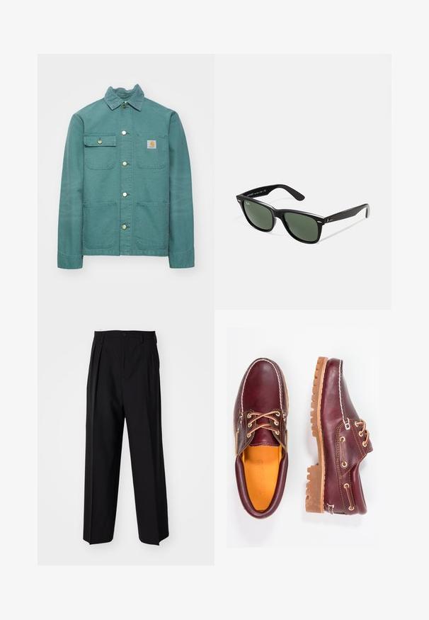 Zelena bombažna jakna s ovratnikom, sprednjim zapiranjem na gumb, dvema žepoma na prsih in levo oblečenim logotipom. Gladka tekstura in sproščen dizajn.; Siva bombažna kapuca z sprednjim žepom, kapuco s vrvico in rebrastimi manšetami ter robom. Ima mehak, strukturiran zaključek.; Črne nabirane hlače s ravnim, širokim krojem. Narejene so iz gladkega materiala in imajo zadrgo ter pasne zanke.; Burgundske usnjene čevlje z rjavimi gumijastimi podplati, okrogla kapica, beli šivi in zlate luknje za vezalke. Notranjost je obložena s rumeno podlogo.; Črne plastične sončna očala z zelenimi lečami, kvadratni okvirji, srebrni detajl na obrvi in teksturirani ročaji. Blagovna znamka navedena na notranji strani ročaja.; Črna usnjena torba za ramo z mehkobo in gladko teksturo, ukrivljenim vrhom in zaobljenim dnom, predstavljena ob svetlih hlačah.; Digitalna ročna ura s črnim nerjavečim jeklenim trakom, kvadratnim črnim številčnico, belimi številkami, vodoodporno do 5 barov in z osvetlitveno funkcijo.