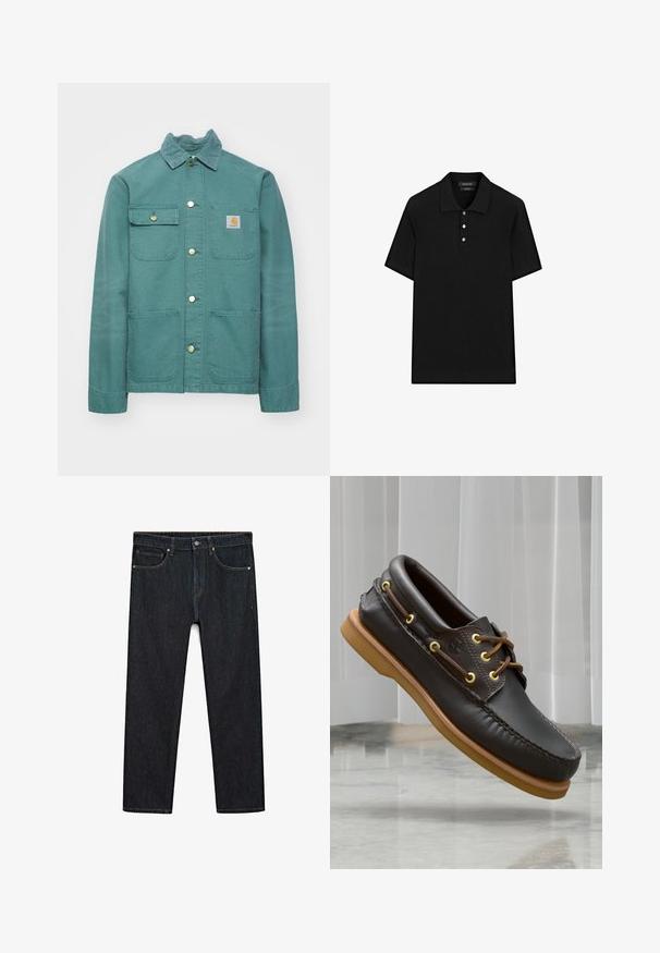 Giacca in cotone turchese con colletto, chiusura frontale con bottoni, due tasche sul petto e un logo applicato a sinistra. Texture liscia e design informale.; Polo shirt nera con texture a coste, maniche corte, colletto piatto e patta con tre bottoni. Design semplice e classico.; Jeans in denim blu scuro con taglio dritto, caratterizzati da cuciture in rame, cinque tasche e una chiusura con bottone metallico in vita.; Scarpe da barca in pelle marrone con design imbottito, occhielli gialli, lacci marroni e suola in gomma beige; presentano dettagli di cucitura intricati.