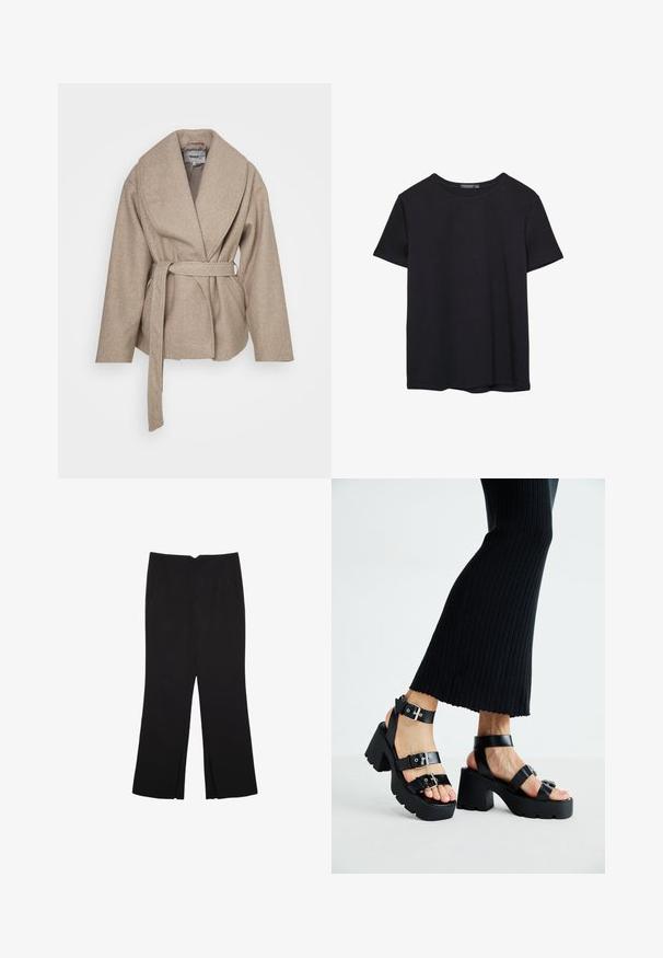 Beige obalový kabát vyrobený z měkké, strukturované látky. Má široký límec, dlouhé rukávy a odpovídající pásek uvázaný v pase.; Jednoduché černé bavlněné tričko s krátkým rukávem a kulatým výstřihem, vystavené na bílém pozadí.; Černé kalhoty s rovným střihem, s předními kapsami a bočními rozparky na lemu. Vyrobené z jemné, hladké tkaniny. Vhodné na různé příležitosti.; Černé platformové sandály s robustními podrážkami a několika řemínky, s kovovými sponami a hladkým koženkovým povrchem.