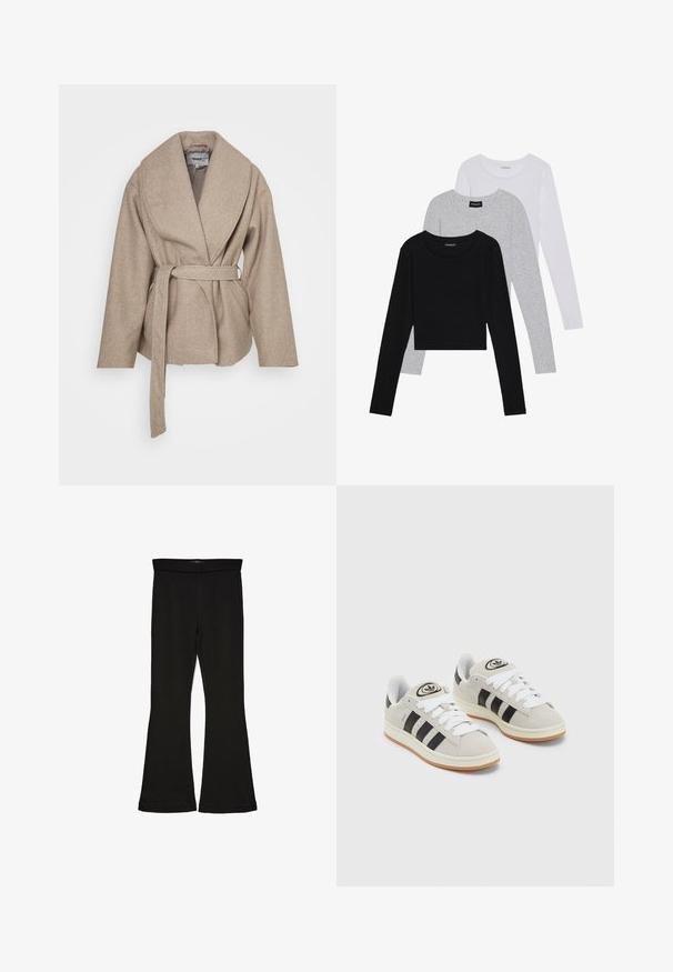 Beige wikkeljas gemaakt van zachte, gestructureerde stof. Kenmerkend zijn de brede kraag, lange mouwen en een bijpassende riem die om de taille is geknoopt.; Drie langmouwige tops gestapeld: zwart, grijs en wit. Elke top heeft een ronde halslijn en een cropped ontwerp van soepel, lichtgewicht materiaal.; Zwarte flare leggings gemaakt van rekbaar materiaal. Beschikt over een brede tailleband en een zachte textuur, met een getailleerd silhouet dat uitloopt bij de zoom.; Grijze nubucklederen sneakers met witte veters, zwarte strepen en een witte rubberen zool. Bevat een rond logo op de tong en een gumzool.