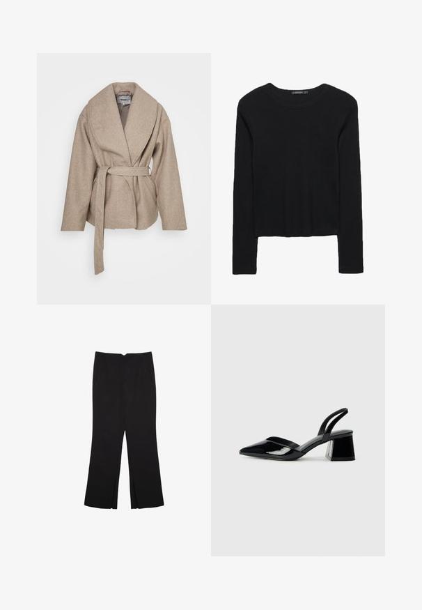 Beige wikkeljas gemaakt van zachte, gestructureerde stof. Kenmerkend zijn de brede kraag, lange mouwen en een bijpassende riem die om de taille is geknoopt.; Zwarte langmouwtop van textuurstof. Heeft een ronde halslijn en een cropped ontwerp met aansluitende mouwen. Geen zichtbare patronen.; Zwarte broek met een rechte pasvorm, voorzien van zijzakken en plooien aan de onderzijde. Gemaakt van zachte, gladde stof. Geschikt voor verschillende gelegenheden.; Zwarte gepatineerde leren slingback hakken met een spitse neus en een geometrische blokhak. Kenmerkt zich door een slank, minimalistisch ontwerp en een gladde textuur.
