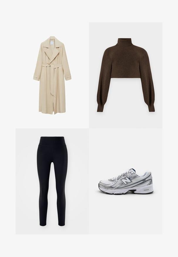 Beige trench coat, valmistettu sileästä kankaasta, jossa on urheilullinen kauluspanta, pitkät hihat, vyöllinen vyötärö ja sivutaskut.; Ruskotettu cropped-takki, jossa on ribbitetty pinta ja tilavat hihat, valmistettu pehmeästä ja lämpimästä materiaalista.; Mustat leggingit korkealla vyötäröllä, joustavasta kankaasta valmistettu, jossa on sileä pinta ja vartalonmyötäinen siluetti nilkkoihin asti.; Uuden Balance -urheilusandaalit, joissa on verkkopintamateriaali, pääasiassa valkoiset harmailla ja laivastonsinisin yksityiskohdin, joissa on pehmustettu pohja ja tekstuuroitu yksityiskohta.