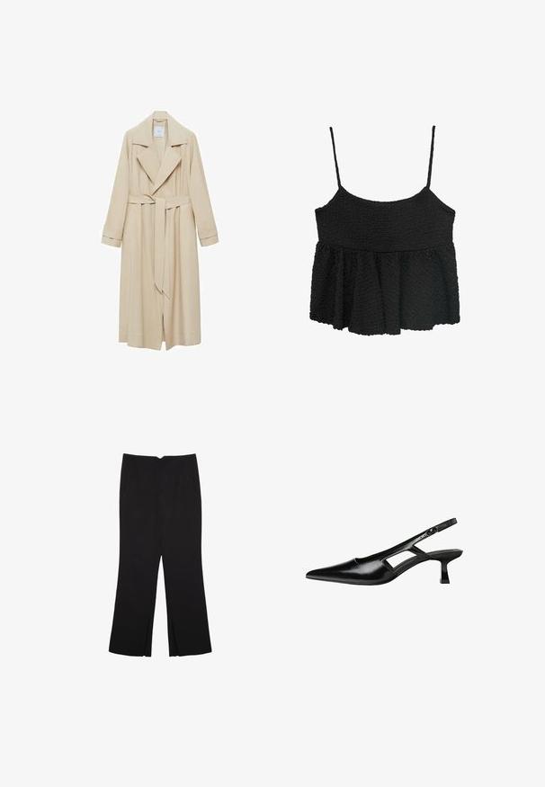 Béžový trenčkot z hladkej tkaniny s výstužou na golieri, dlhými rukávmi, opaskom v páse a bočnými vreckami.; Čierny peplum top s tenkými nastaviteľnými ramienkami. Textúrovaná, zvrásnená tkanina, priliehavý korzet, rozšírená dolná časť, bez viditeľného hardvéru alebo vzorov.; Čierne nohavice so strihom rovného strihu, s prednými vreckami a bočnými rozparkami na leme. Vyrobené z mäkkej, hladkej tkaniny. Vhodné na rôzne príležitosti.; Čierne lakované kožené lodičky na podpätku s špicatou špičkou, výrezovým dizajnom na boku a malým štvorcovým podpätkom. Hladký povrch s minimálnymi akcentmi.